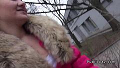 Natural European amateur engages in public activities with pickup partner