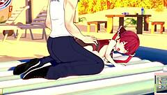 Houshou Marine's erotic experience on the beach in anime3d