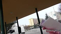 Natural European amateur engages in public activities with pickup partner