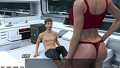 Beautiful shemale mistress in space, femdom BDSM scene with blowbang