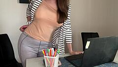 Stepmother's big natural tits get her off at work