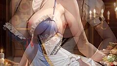 Beautiful anime pussy in a maid uniform serves food