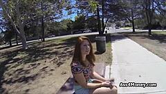 Dicking redhead cutie at tennis court in public outdoor blowjob