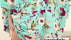 samantha indulges in a foot and stocking fetish masturbation session