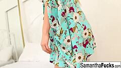 samantha indulges in a foot and stocking fetish masturbation session