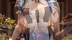 Beautiful anime pussy in a maid uniform serves food