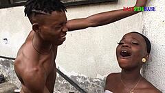 Instead of having sex with her sister, a black beauty decides to have a hot experience with her landlord’s son outside
