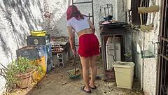 Found my stepdaughter washing clothes in skirt, couldn't resist her ass