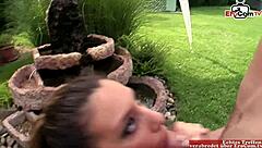 Redhead MILF with big ass and tits gives blowjob, bent over for creampie POV.