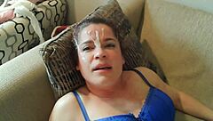 Redhead MILF with big ass and tits gives blowjob, bent over for creampie POV.