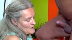 Redhead MILF with big ass and tits gives blowjob, bent over for creampie POV.