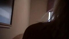 Redhead MILF with big ass and tits gives blowjob, bent over for creampie POV.