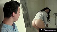 Redhead MILF with big ass and tits gives blowjob, bent over for creampie POV.