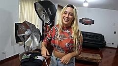 Redhead MILF with big ass and tits gives blowjob, bent over for creampie POV.