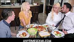 Redhead MILF with big ass and tits gives blowjob, bent over for creampie POV.