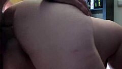 Redhead MILF with big ass and tits gives blowjob, bent over for creampie POV.