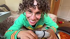 Redhead MILF with big ass and tits gives blowjob, bent over for creampie POV.