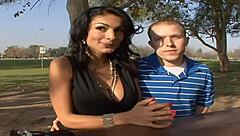 Redhead MILF with big ass and tits gives blowjob, bent over for creampie POV.