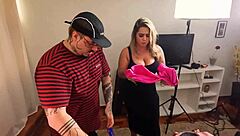 Redhead MILF with big ass and tits gives blowjob, bent over for creampie POV.