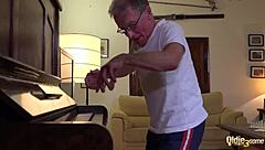 Young girls satisfy old man with sex and swallowing cum