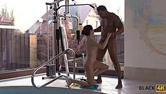 Interracial couple enjoys poolside sex with oral pleasure