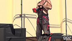 on the rooftop, milf vyvan hill gives the handyman a deepthroat blowjob for orgasmic pay