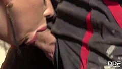 on the rooftop, milf vyvan hill gives the handyman a deepthroat blowjob for orgasmic pay