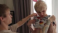 Two sweet twinks seduce a student with a big dick into anal sex.