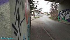 blonde british babe chats with agent outside in pov