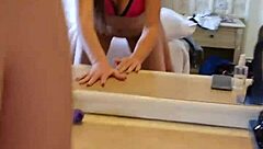 backstage babe deepthroats and rides to creampie after bikini shoot