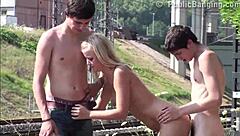 cute blonde teen in public threesome gets cum on face 😈