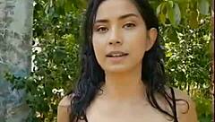 Beautiful Skinny Latina Brunette Presents in Forest with Wet Black Outfit