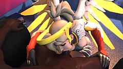 mercy from overwatch rides a cock, she moans