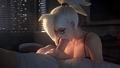 mercy from overwatch rides a cock, she moans