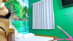 Tgirl bruna lima uses automated machine for solo play