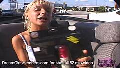 Blonde flashes in car backseat