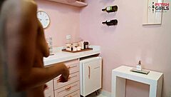 Stepsister in Pink Room Masturbates with Dildo and Cucumber