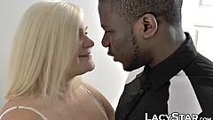 interracial pounding for mature blonde granny with big tits in stockings, riding hard and taking creampie after blowjob