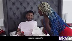 Ebony Colombian with huge ass fucks two gay friends outdoors, flashing big natural tits.