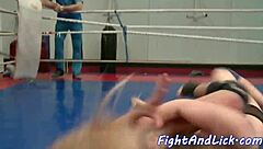 Busty lesbian babes wrestle