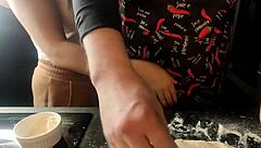 Milf Jerks Off Penis in Kitchen for Crazy Dinner