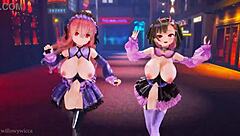 3D Animation: Two Girls Dancing To The Music Rhythm.