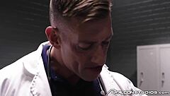 Twink joins spitroast with bodybuilder doctors in bareback threesome