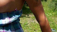 Why does this short-haired slut with fake tits love outdoor fucking?