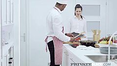 Blue-Eyed Brunette Handles Big Black Cock With Two Hands!