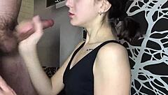 Young and innocent looking girl gives great blow job and swallow cum