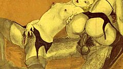 vintage erotic illustration of antique hentai cartoon in retro style.