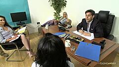 Blonde lesbians lick and suck cocks at work for horny couple