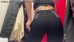 Sexy asian tries on tight pants, nipples visible