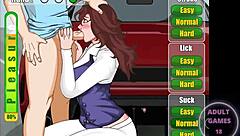 A character helps another on the road in this hentai game